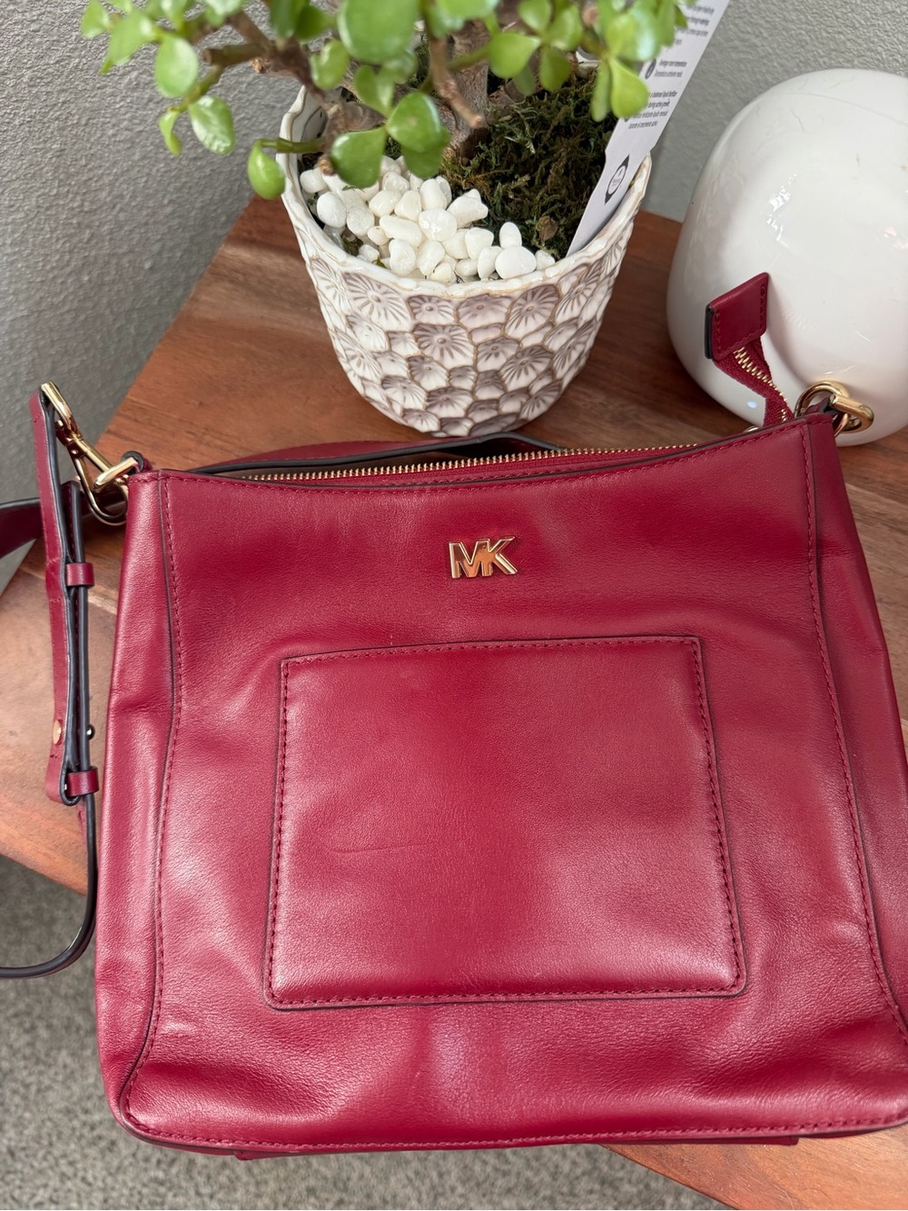 Michael Kors Wine Leather Shoulder Bag with Gold Hardware